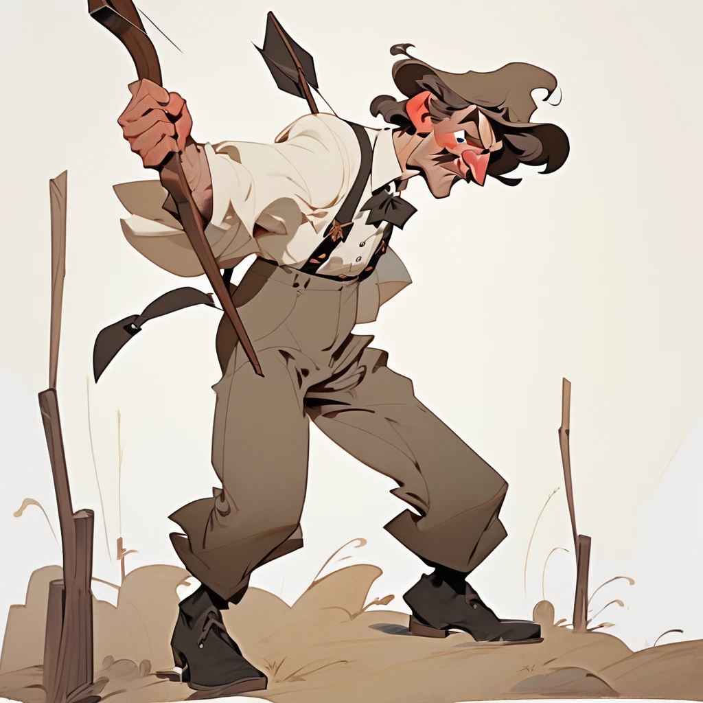 1man, Old West, Oil paint, black and white, cartoon style, Brown wavy hair, big hair, strong Body, white dress shirt with, black suspender, faded black pants patched, Beret, thin big mustache, cheek spot, Arrogant, young adult, Muscular, full body, Holding a bow and arrow, Hristofor Žefarović style