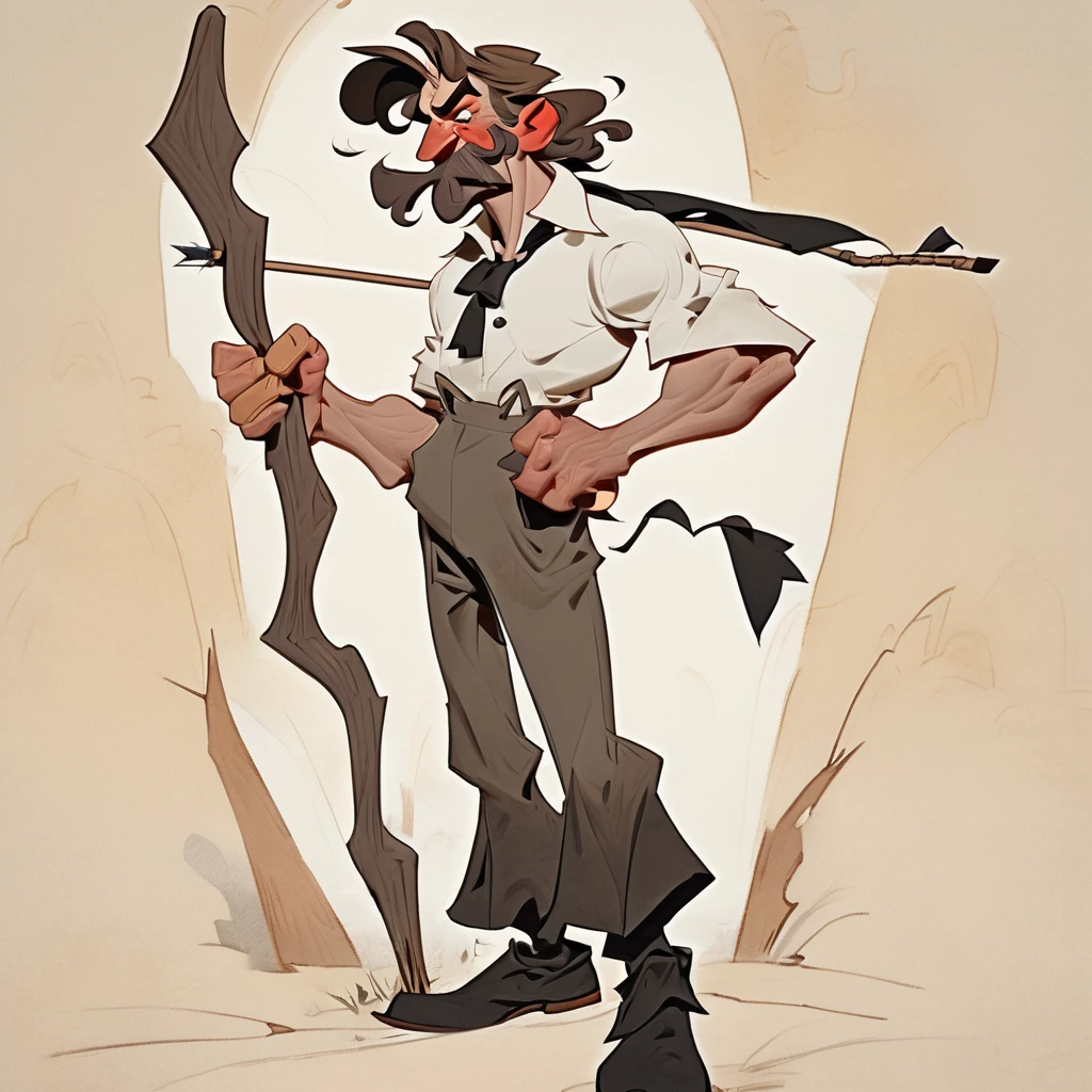1man, Old West, Oil paint, black and white, cartoon style, Brown wavy hair, big hair, strong Body, white dress shirt with, black suspender, faded black pants patched, Beret, thin big mustache, cheek spot, Arrogant, young adult, Muscular, full body, Holding a bow and arrow, Hristofor Žefarović style