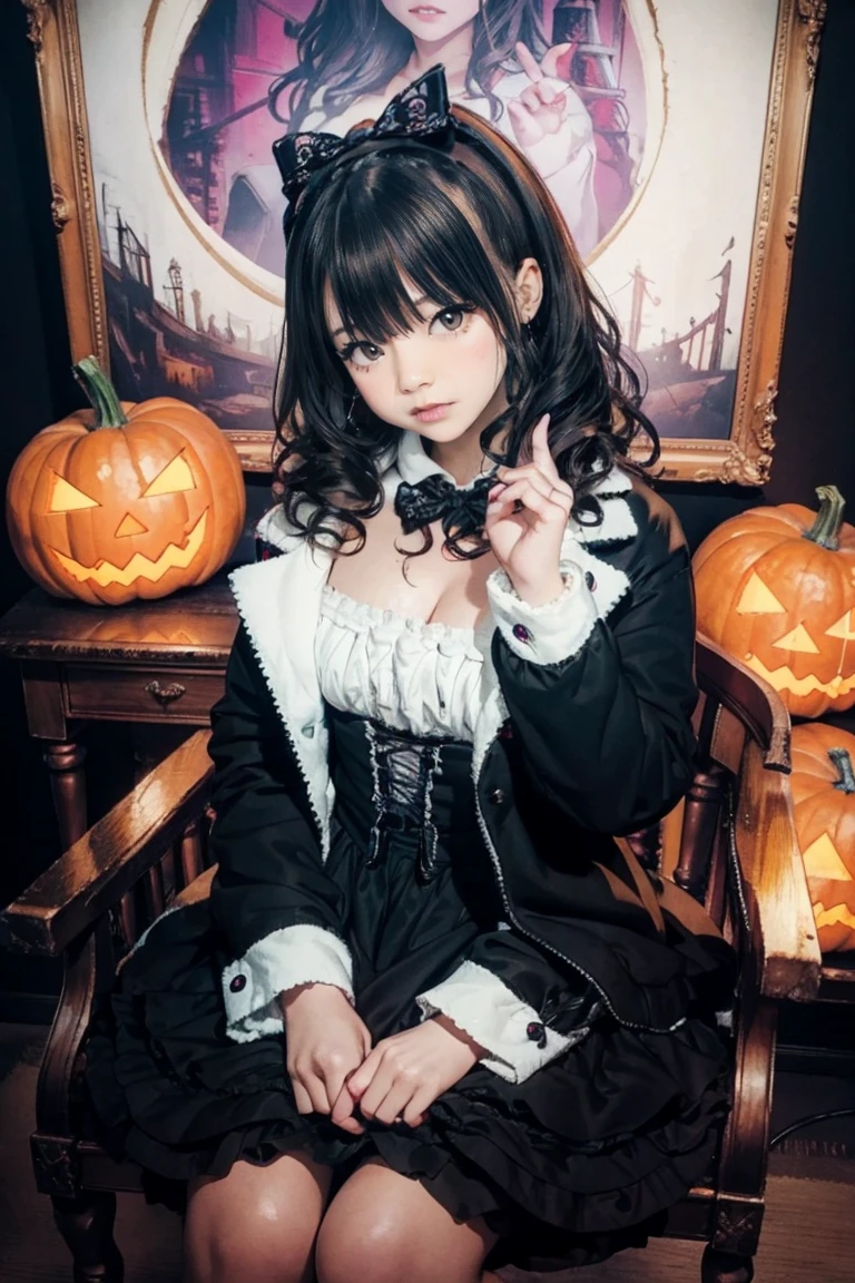RAW Photos, Realistic, Ultra-realistic, Halloween-themed, HYPER CUTE young girl with curly orange, purple, and black hair, large black bow, Victorian lace collar, surrounded by Halloween decorations, intricate floral patterns, black cat, ghosts, pumpkins, candy, night sky with stars, whimsical, detailed line art, fantasy, spooky art, Highest quality, masterpiece, Ultra-high resolution, 8K
