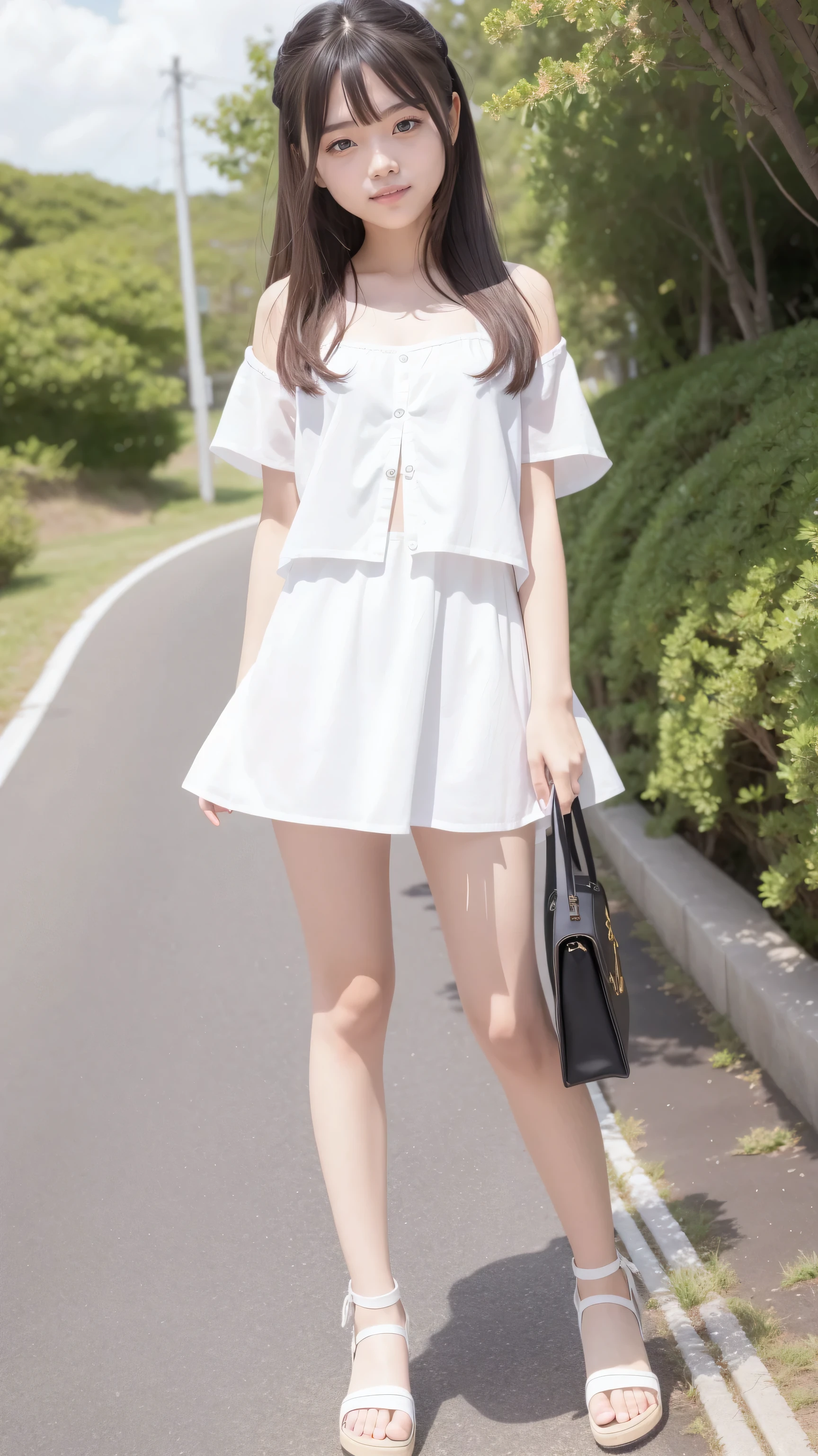 ((Attention to detail)),(Super detailed), Highly detailed CG Unity 8k wallpaper, Highest quality, 8K, 11 years old、girl、Two people、Fluffy long hair,、Mid-chest、Beautiful Skin、Beautiful legs、Thin legs、((smile))、sea,Summer outfit、