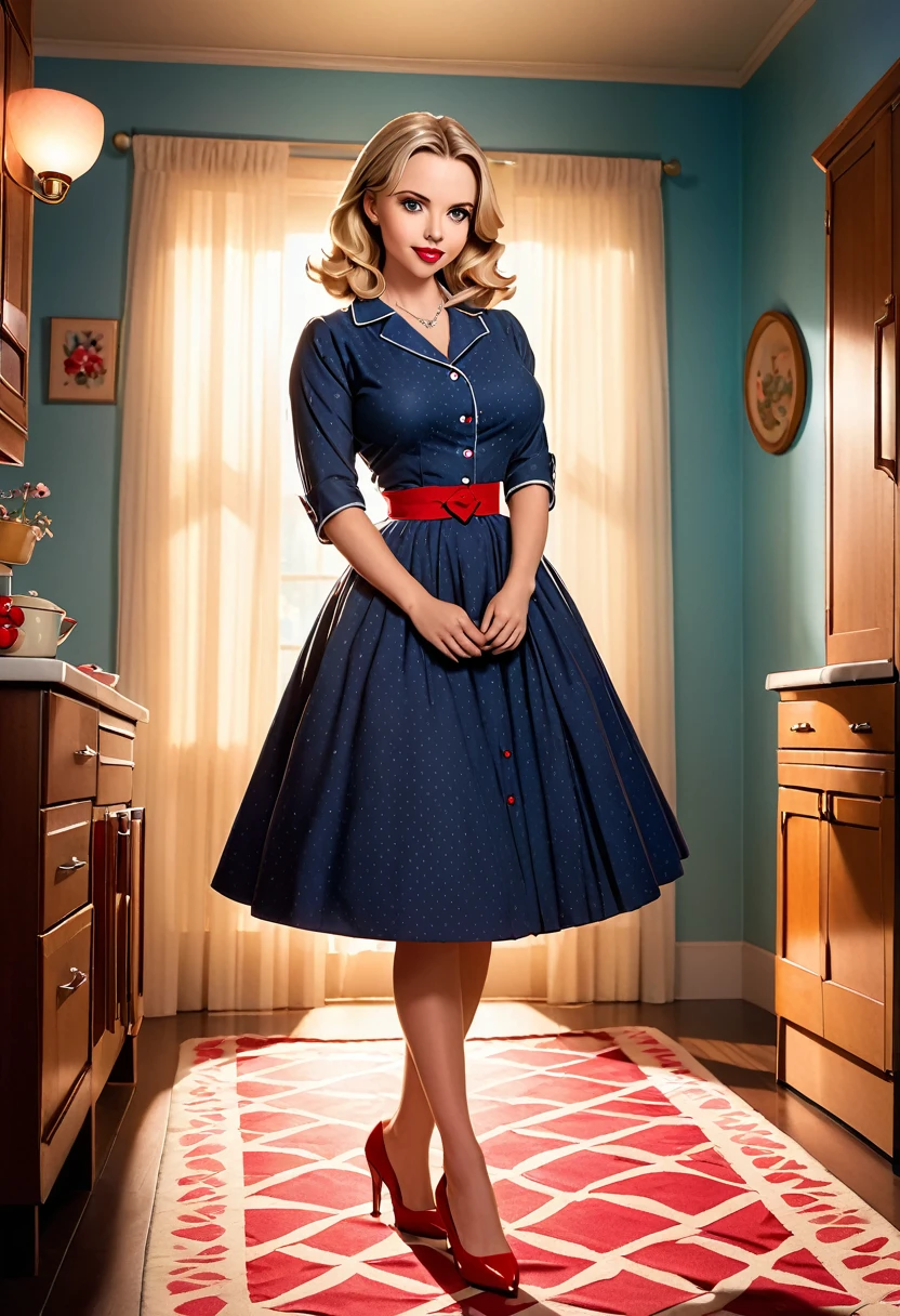 50s house wife. full length. featuring warm lighting and shadows. should be of the highest quality, a masterpiece with intricate details. Hands on hips. cute 50s house wife dress. Red high heels. She should have luscious lips, a wide smile, and bright, expressive eyes, exuding beauty, cuteness, and adorableness. Ensure the image is high resolution and sharply detailed, with a detailed and vibrant background. Scarlett Johanson, Alison Brie, Dove Cameron Incorporate mystical lighting in the background, creating a romantic and enchanting atmosphere.