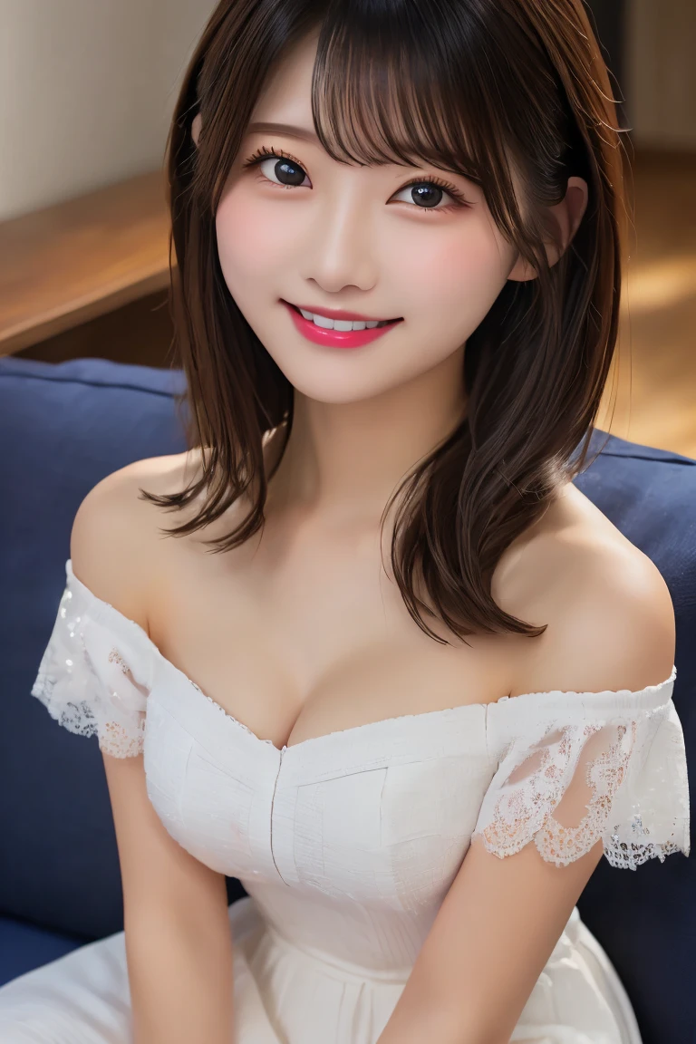 Highest quality, (beautiful)、fancy mini dresses、Soft oist eyes、night、Sit on the sofa、Off the shoulder、Larger breasts、Upper Body、smile、Shoot from above