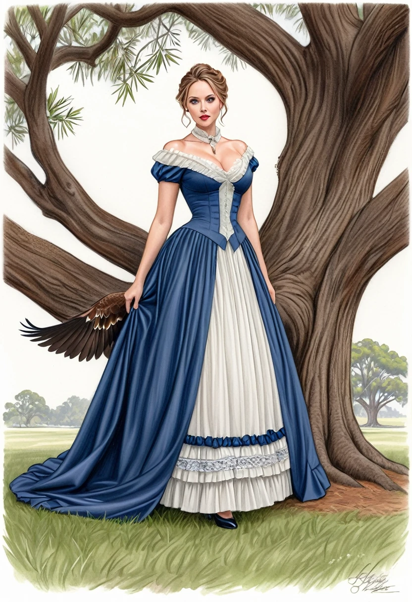 A colored pencil sketch of A beautiful Aristacrat woman with large elegant, hawk-like-nose, who embodies old fashioned class, sophistication, elgance as well as wholesome, natural beauty. curvy, thin-waist, wide-hips, swaying-hips. . Oppulent historically accurate victorian dress. mash up of Laura Vandervoort Alison Brie, Scarlett Johanson She is litting seductively under a live oak tree.