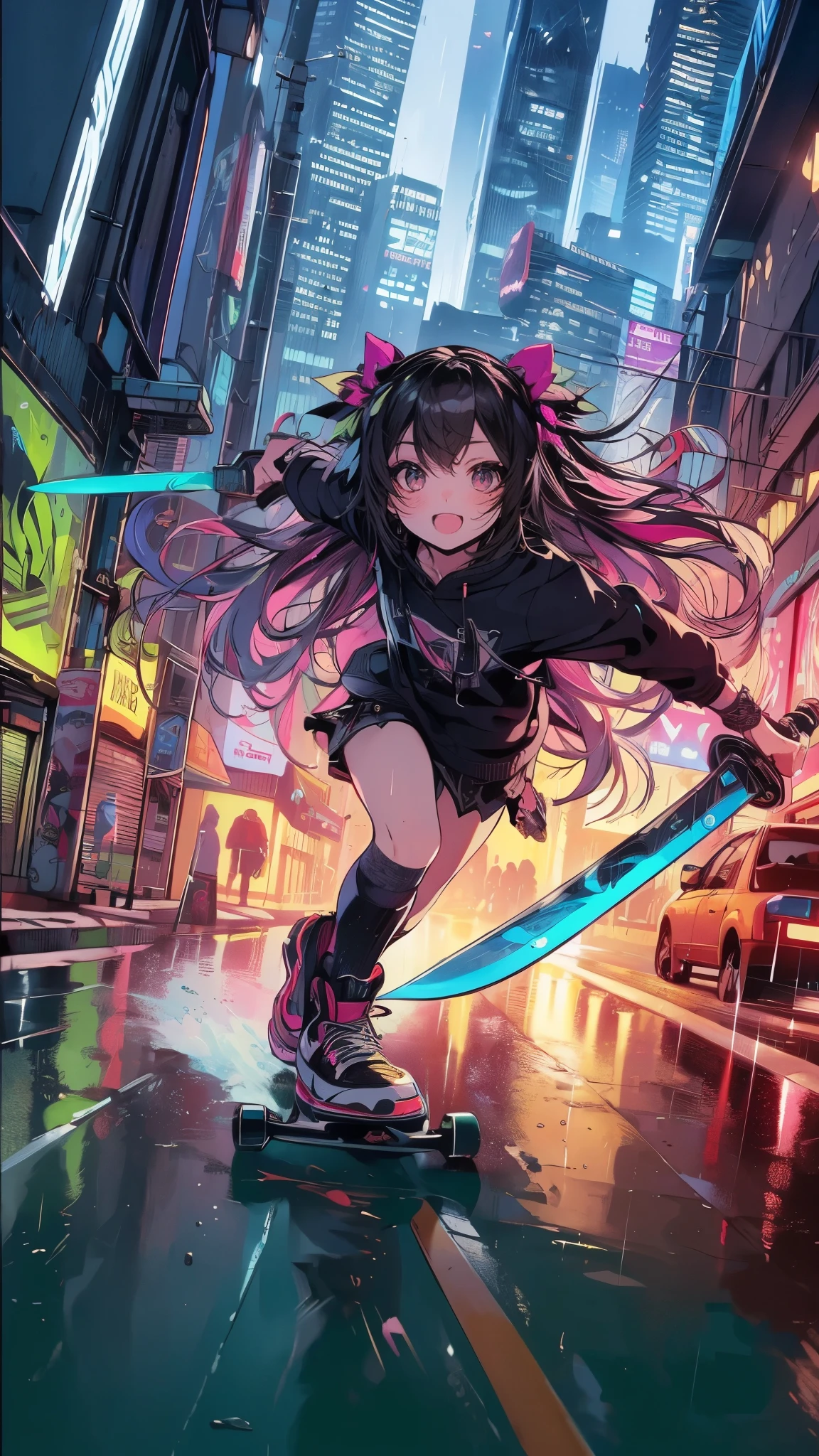 teenager girl, playfully swinging a double-bladed scimitar, atop a skateboard speeding down a neon-lit city street, graffiti murals line the walls, rain falls in sheets, urban fantasy, dynamic composition, wet asphalt reflections, ((detailed double-bladed scimitars)), ((detailed anatomy)), ((detailed chibi face)), (best quality,4k,8k,highres,masterpiece:1.2),ultra-detailed,(realistic,photorealistic,photo-realistic:1.37),HDR,UHD,studio lighting,ultra-fine painting,sharp focus,physically-based rendering,extreme detail description,professional,vivid colors,bokeh