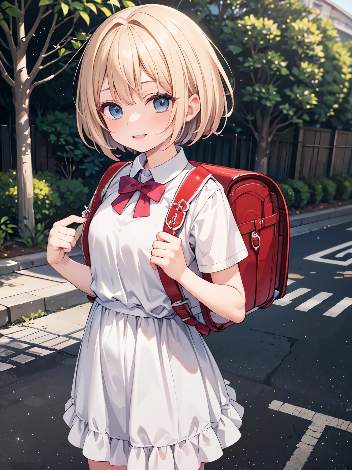 Masterpiece, hd, realistic 18 year old female high school girl standing on outdoor , wearing white dress, summer dress:1.5,best smile，blonde with short cut:1.5，Side waves with a short cut，Carrying a school backpack, (school backpack:1.2), bowtie