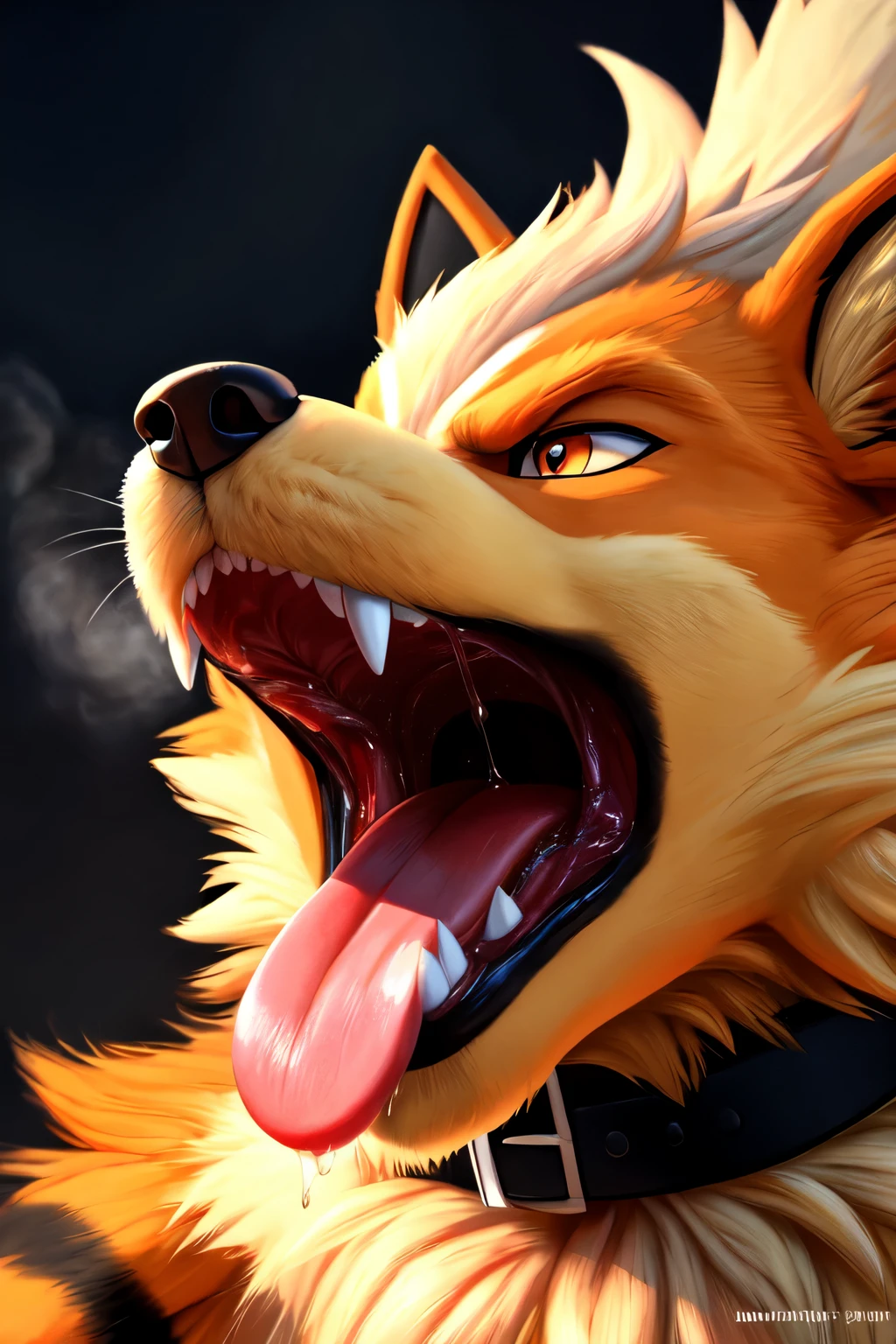 ((best quality)), ((masterpiece)), (detailed), arcanine (pokemon), feral, high contrast, 8k HD, detailed, hyper-detailed, furry vore, primary fur orange, secondary fur black, White tail, white collar, best quality, ultra high res, looking at user, black collar, extra slobber, throat, uvula, palate, Esophagus, wide open mouth, angry look, hot breath, close up on mouth, tongue hanging over lips,