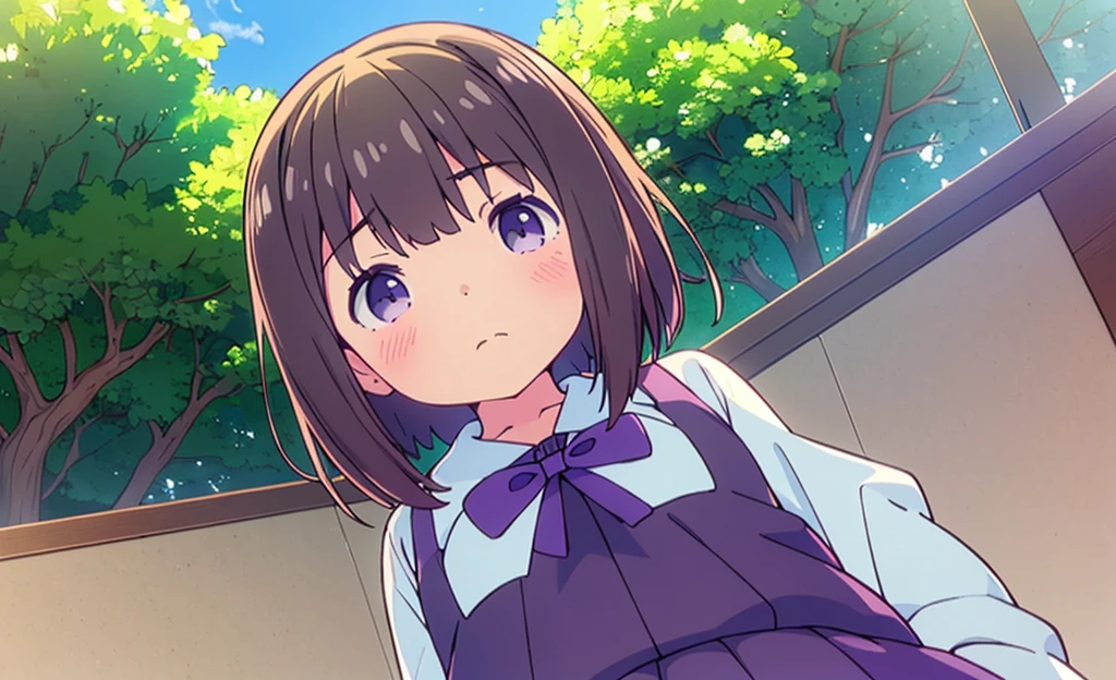 (high quality), (Masterpiece), (Very detailed), girl, (very small bust), short brown hair, purple eyes, shy face, ( de primary), showing her thighs, in the school yard, sunny, camera angle from below, adorable eyes, (primary school uniform) NSFW