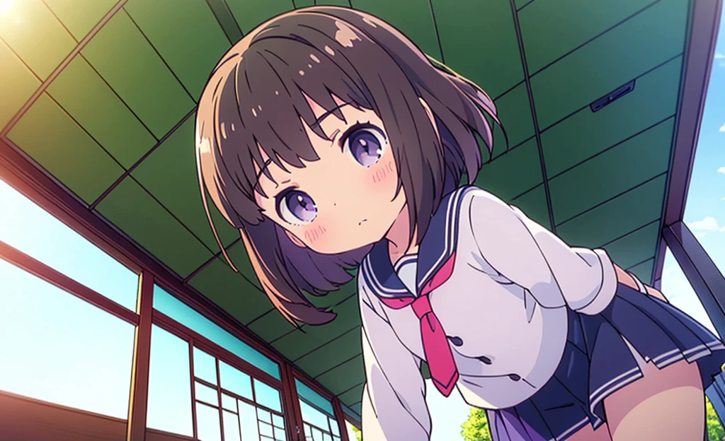(high quality), (Masterpiece), (Very detailed), girl, (very small bust), short brown hair, purple eyes, shy face, (loli de primary), showing her thighs, in the school yard, sunny, camera angle from below, adorable eyes, (primary school uniform) NSFW
