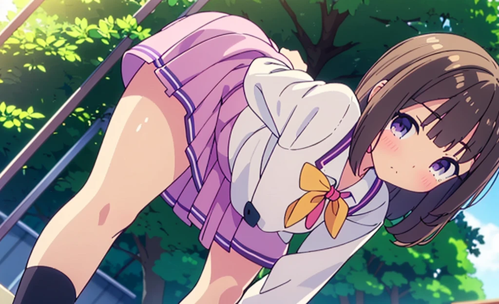 (high quality), (Masterpiece), (Very detailed), girl, (very small bust), short brown hair, purple eyes, shy face, ( de primary), showing her thighs, in the school yard, sunny, camera angle from below, adorable eyes, (primary school uniform) NSFW