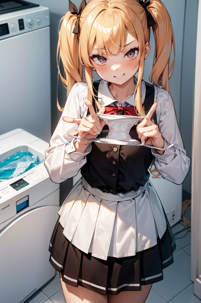 One Girl,
Laundry room,washing machine, Laundry basket, a few underwears are in a Laundry basket,
blonde, {{{Half Twin Tail:1.3}}}、break,blush, bow, 赤いbow, Long sleeve, shirt, 襟付きのshirt, skirt, プリーツskirt, 黒いskirt, Small ,
{{{Face close-up}}},Upper Body,,Check out the lace pantiesuality underwear,
Looking down,View your audience,
Lace panties as a gbletop, Highest quality, , Absurd, Perfect Skin, Detailed skin texture, Super detailed, 8K, Intricate details, Beautifully detailed face,High resolution,
{{{Shadowed face}}}, mock, {{{Through clenched teeth:1.2}}}, smile, Looking down at the viewer, masterpiece,Absurd, Beautiful detailed face seen from the front,