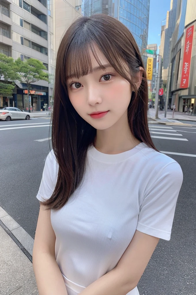 (8k, RAW photo, top quality, masterpiece: 1.2), (realistic, photorealistic: 1.37), three-dimensional, ultra detail, ultra high resolution, one girl, beholder, beautiful detailed face, smile, constriction, (slim waist): 1.3), beautiful detailed skin, skin texture, floating hair, professional lighting, Japanese beautiful girl, medium hair, beautiful hair, 20 years old, attractive breasts, huge breasts, full body from toes to head, standing, Shift gaze away, gaze into the distance, Sibuya city, slightly smiles, slacks, loose T-shirts, T-shirt in slacks