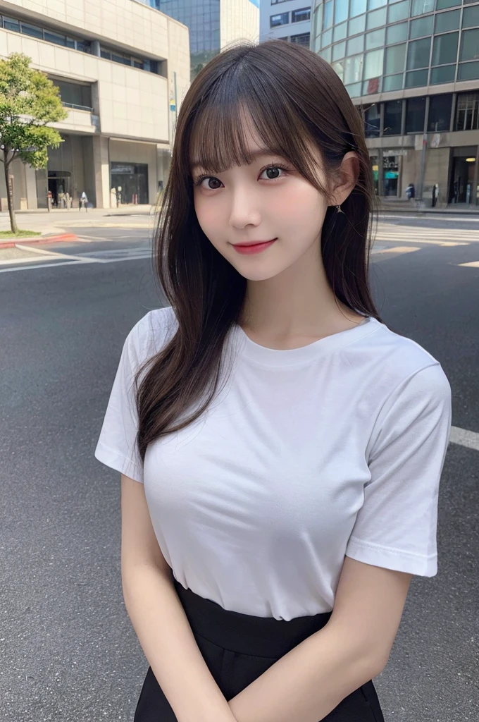 (8k, RAW photo, top quality, masterpiece: 1.2), (realistic, photorealistic: 1.37), three-dimensional, ultra detail, ultra high resolution, one girl, beholder, beautiful detailed face, smile, constriction, (slim waist): 1.3), beautiful detailed skin, skin texture, floating hair, professional lighting, Japanese beautiful girl, medium hair, beautiful hair, 20 years old, attractive breasts, huge breasts, full body from toes to head, standing, Shift gaze away, gaze into the distance, Sibuya city, slightly smiles, slacks, loose T-shirts, T-shirt in slacks