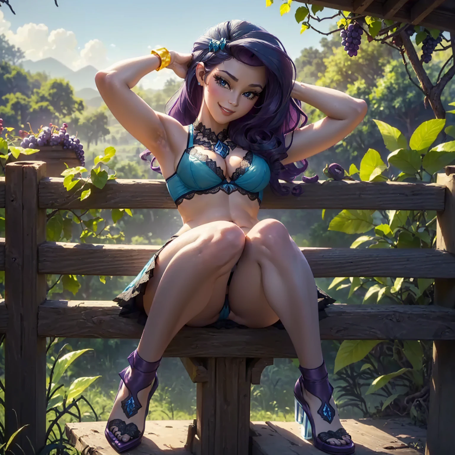 (((beautiful female body))),(((rarity as a sweet charming hot seductive horny model))) ,(((sit on the fences leant to grape tree)))), (((outdoor))),(((jungle in background))),(((lewd and erotic posing))), (((happy wicked smile))) ,(((wear light blue sheer lace transparent see through very short bra))) , (((((upskirt view))))) , breasts are visible , (((wear high heels))) , (((full body))),golden bracelets , (((perfect big breasts))) , lush breasts , Bulky Breasts , voluminous breasts ,(((peeping the viewer))),(((bare belly))),(((side close upskirt view))),(((look at the viewer hands behind head)))