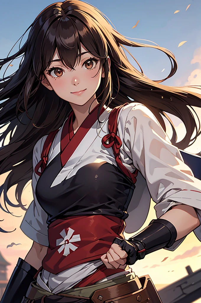 Highest quality, Tabletop, High resolution, alone, {Akagi_Fleet Collection:1.15}, length_hair, brown_hair, brown_eye, breastplate, tasuki, smile, One Girl , Japanese_Clothes, , Partially_Fingerless_gloves, arms, twist, single_Hand guard, extended_非常に精巧なarms、非常に詳細なeye、Highly detailed face、very elaborate body、