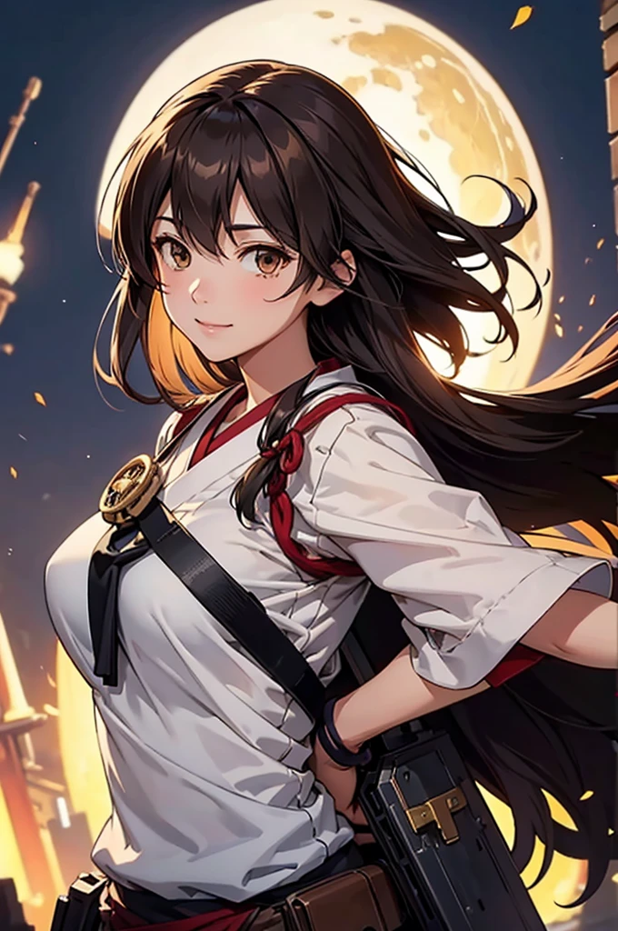 Highest quality, Tabletop, High resolution, alone, {Akagi_Fleet Collection:1.15}, length_hair, brown_hair, brown_eye, breastplate, tasuki, smile, One Girl , Japanese_Clothes, , Partially_Fingerless_gloves, arms, twist, single_Hand guard, extended_非常に精巧なarms、非常に詳細なeye、Highly detailed face、very elaborate body、