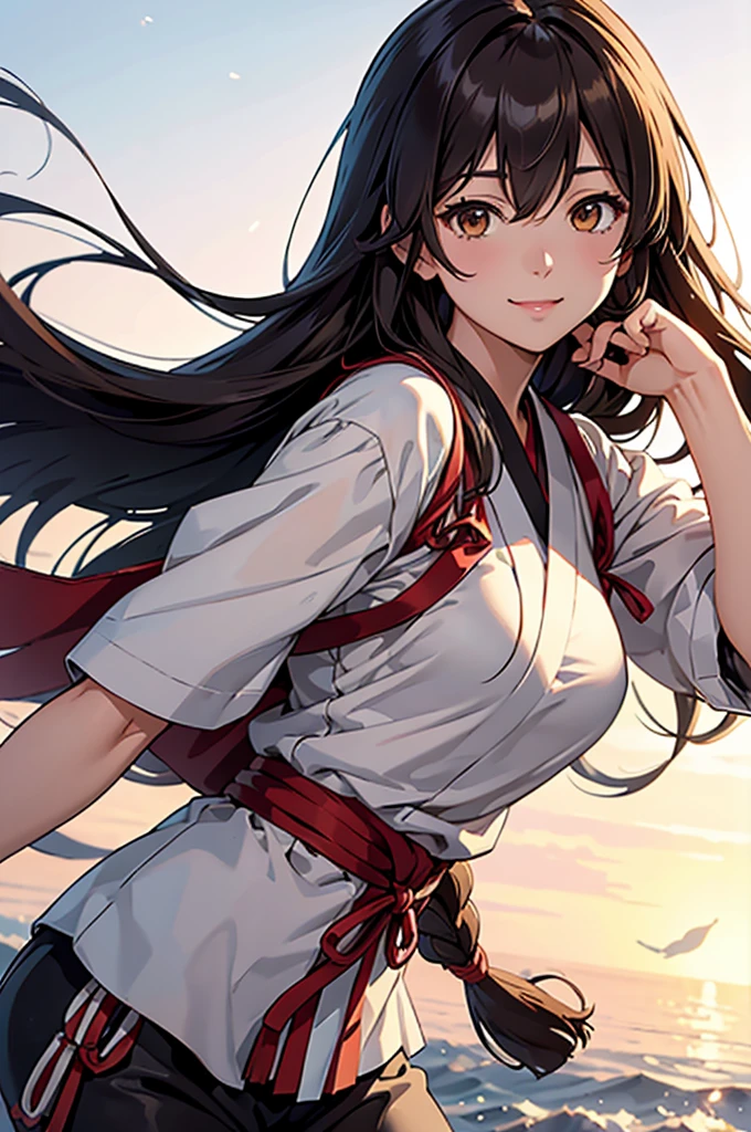 Highest quality, Tabletop, High resolution, alone, {Akagi_Fleet Collection:1.15}, length_hair, brown_hair, brown_eye, breastplate, tasuki, smile, One Girl , Japanese_Clothes, , Partially_Fingerless_gloves, arms, twist, single_Hand guard, extended_非常に精巧なarms、非常に詳細なeye、Highly detailed face、very elaborate body、