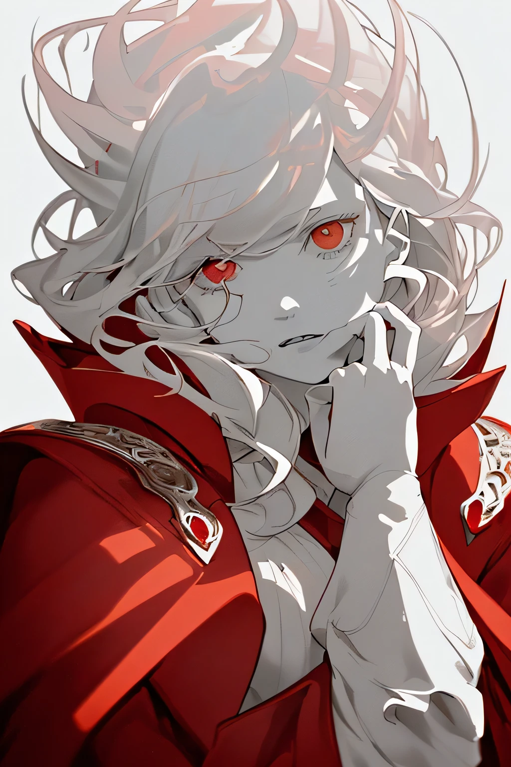 whole body, (Tabletop:1.2, Highest quality),(Beautiful and elaborate face), High Contrast, (Best lighting, Very delicate and beautiful), ((Cinematic Light)), Dramatic Light, Intricate details,(Pale white background:1.5), oversized red coat, Place one'In one hand'pocket, blonde, Red eyes, Body Harness, Medium Hair,