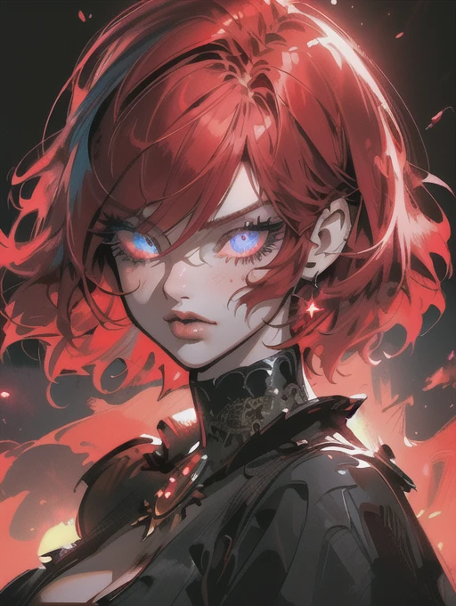 Red hair color,(masterpiece, best quality),(1 lady),(solo),(artstation),(dynamic),(charming),(magical),(unreal engine),(fantastically beautiful),(illustration),(dramatic lighting),(rave background),(neon glow),(maximalist),(extremely detailed eyes and face),(long eyelashes),(intricate details),(vibrant colors),(cinematic lighting),(fantasy portrait)
