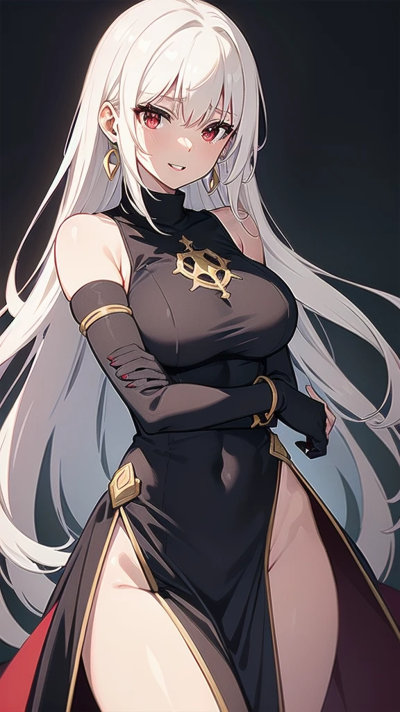 masterpiece, best quality, 1 solo girl, white hair, red eyes, long hair, medium breasts, sexy body and face, wavy hair, smile, parted lips, circlet, jewelry, bare shoulders, earrings, bridal gauntlets, sleeveless, black dress, bracelet, side slit, gold trim, red fur-trimmed cape, pelvic curtain, sleeveless dress, black footwear, turtleneck, long sleeves, castle, intdoors, sexy pose, cowboy shots, detailed body, face, and eyes, sharp focus, vibrant, creative, dynamic, high definition, high resolution, 8k, (Upscale: R-ESRGAN 4x+ Anime6mage enchance:4x), voluptuous body, cinema lightning, dakimakura style, looking at the viewer,