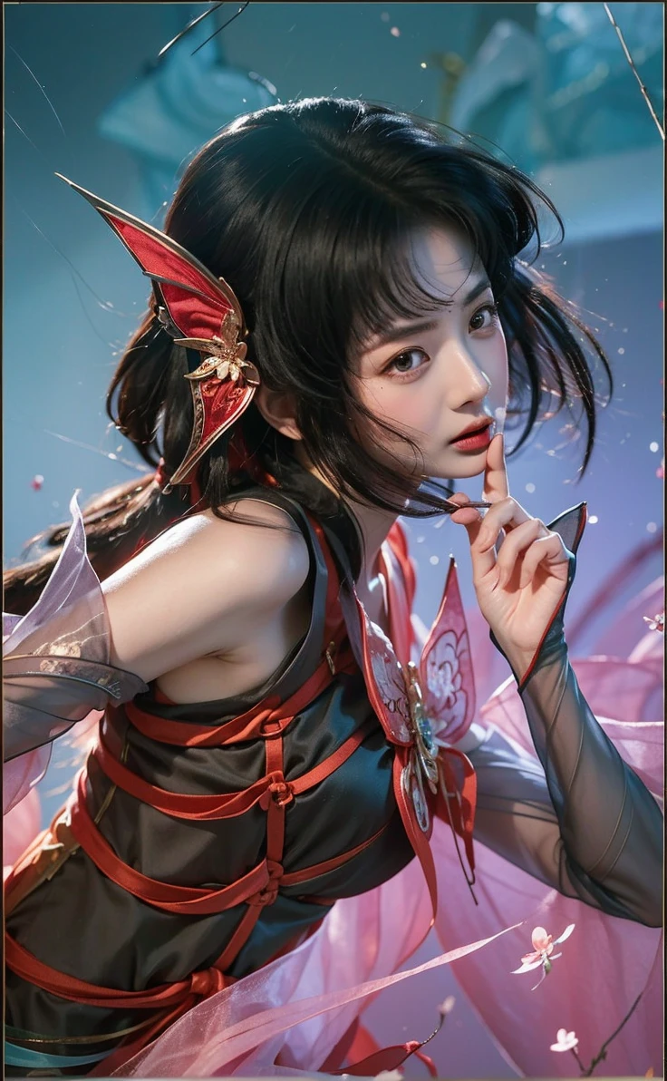 a close up of a woman wearing a red hood like a ruby wearing a patch over one eye, shadowbringers cinematic, 8k detail fantasy, a beautiful fantasy empress, game cg, xianxia fantasy, xianxia hero,fantasy artwork, cinematic goddess close shot, ruan jia and artgerm, wow 8k detail fantasy, hyperdetailed fantasy character