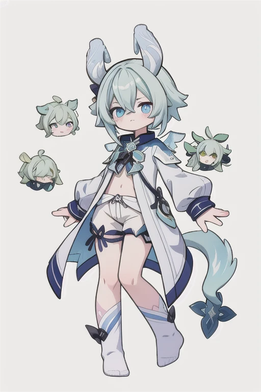 detailed,melusine (genshin impact) character , short hair,white hair with blue and pink streaks,black and blue heterochromia eyes,, simple clothes, male gender with covered clothing,shorts and long sweater with very long sleeves that cover your hands, Melusinas melusine (genshin impact) charactermelusine (genshin impact) character,Melusine ears with Melusine wings and Melusine tail , long white coat, white pajamas