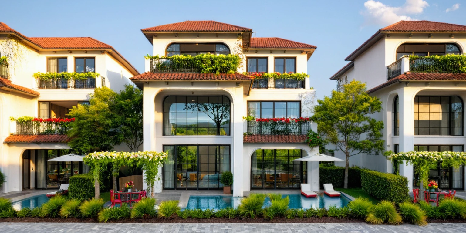 Masterpiece, high quality, best quality, authentic, super detail, outdoors, onestoreyvillaXL, aiaigroup, house style modern on the street ,stairs, white wall, grass, trees, sky, cloud, (daylight:1.1), pool, (colorful flower:2)
