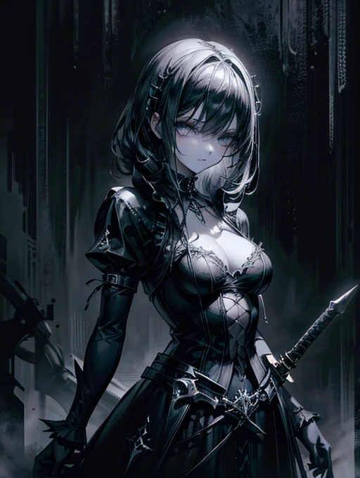 (a girl with) Aura-like gothic lighting, realistic Gothic-style artwork, detailed skeleton impaling itself with a sword in the neck, dark atmospheric background, high-res masterpiece:1.2, ultra-fine painting, professional, vivid colors