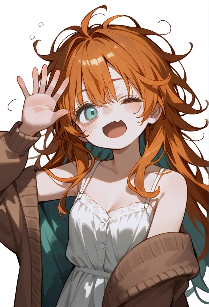 masterpiece, best quality, (score_9, score_8_up, score_7_up), 1 girl, solo, portrait, onepieceNami, bags under eyes, orange hair, long hair, messy hair, white dress, spaghetti straps, sleeveless dress , brown cardigan, standing, hand scratching eye, one eye closed, one hand raised, delicate hands, sleepy, waving mouth, looking at viewer, white background, simple background, masterpiece, best quality