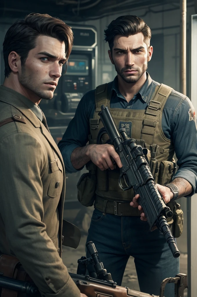 A man with striking features emerging from a banker in Fallout 4 attire holding a machine gun