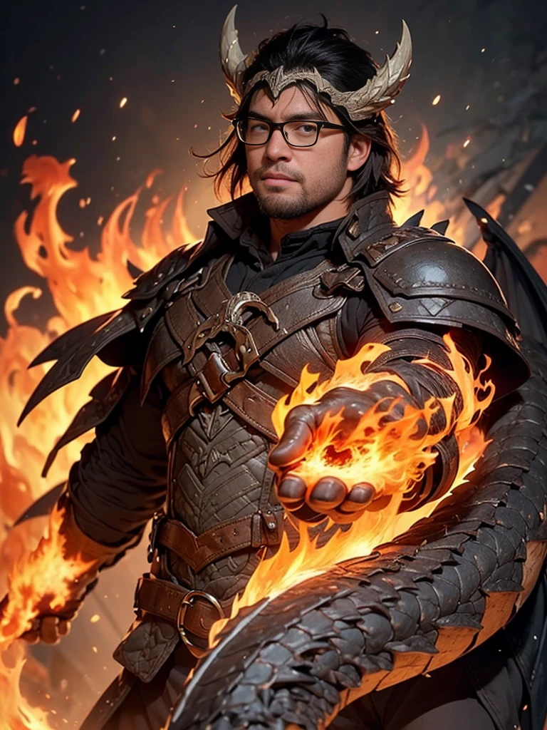 crew cut, (((full body))), (((landscape))), mature man, [slightly fat], asian man, rounded face, brown eyes, ((rounded face)), glasses, balding, 1boy, Solo, (big shoulders), (((stubbles, Short beard))), A high resolution，high detal，8K，（A boy:1.9），cool guy，high-definition face，A gifted dark spell master，Black and white spell master set，A hand burning with blue flames，fire spell，A fierce black dragon leans against the protagonist，The is very detailed，Ultra-high sharpness，Thick coating，Dragons surround the background