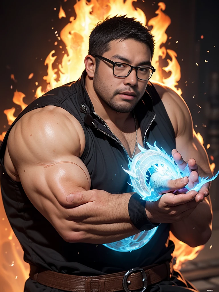 crew cut, (((full body))), (((landscape))), mature man, [slightly fat], asian man, rounded face, brown eyes, ((rounded face)), glasses, balding, 1boy, Solo, (big shoulders), (((stubbles, Short beard))), A high resolution，high detal，8K，（A boy:1.9），cool guy，high-definition face，A gifted dark spell master，Black and white spell master set，A hand burning with blue flames，fire spell，A fierce black dragon leans against the protagonist，The is very detailed，Ultra-high sharpness，Thick coating，Dragons surround the background