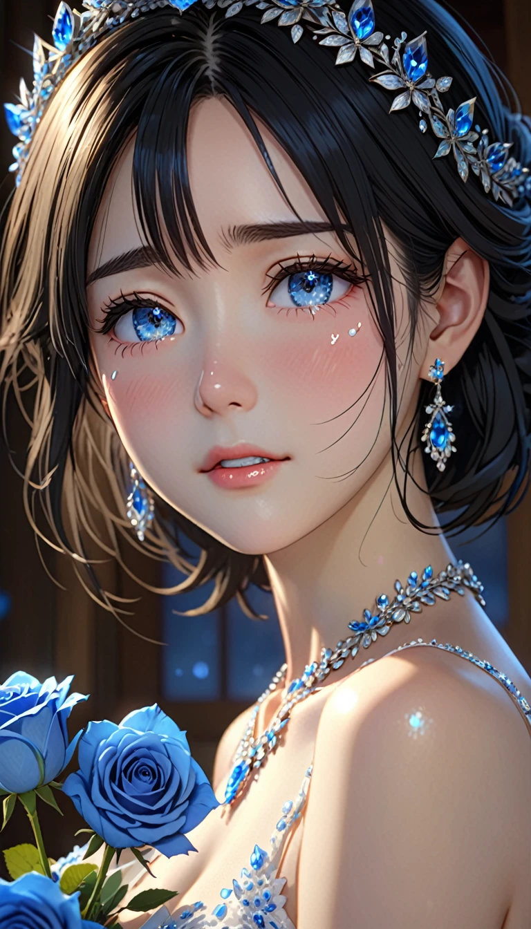 National Science Foundation,masterpiece,High resolution,8K,16k,Art,digit,Three-dimensional,Kyoto Animation Style,your name movie style,UHD,high details,highres,high quality,best quality,super detail,textured skin,accurate,anatomically correct,award winning,Facing the camera,Soft Light,Glowing skin,(1 female: 1.3),(alone: 1.4),(((Black hair))),(Gorgeous,sparkling wedding dress),Swarovski crystals on gorgeous wedding dress,crystal crown,crystal necklace,crystal earrings,(pale blue eyes),Long eyelashes,slender legs,medium Bob,Bouquet of blue roses in hand,Close-up of upper body,Close-up,close view,(medium shot: 1.3),(from right in front of face and body: 1.5),In the quaint church,Starry eyes,Blushed,shy,shy,open mouth,(((cry))),(((shed tears)))