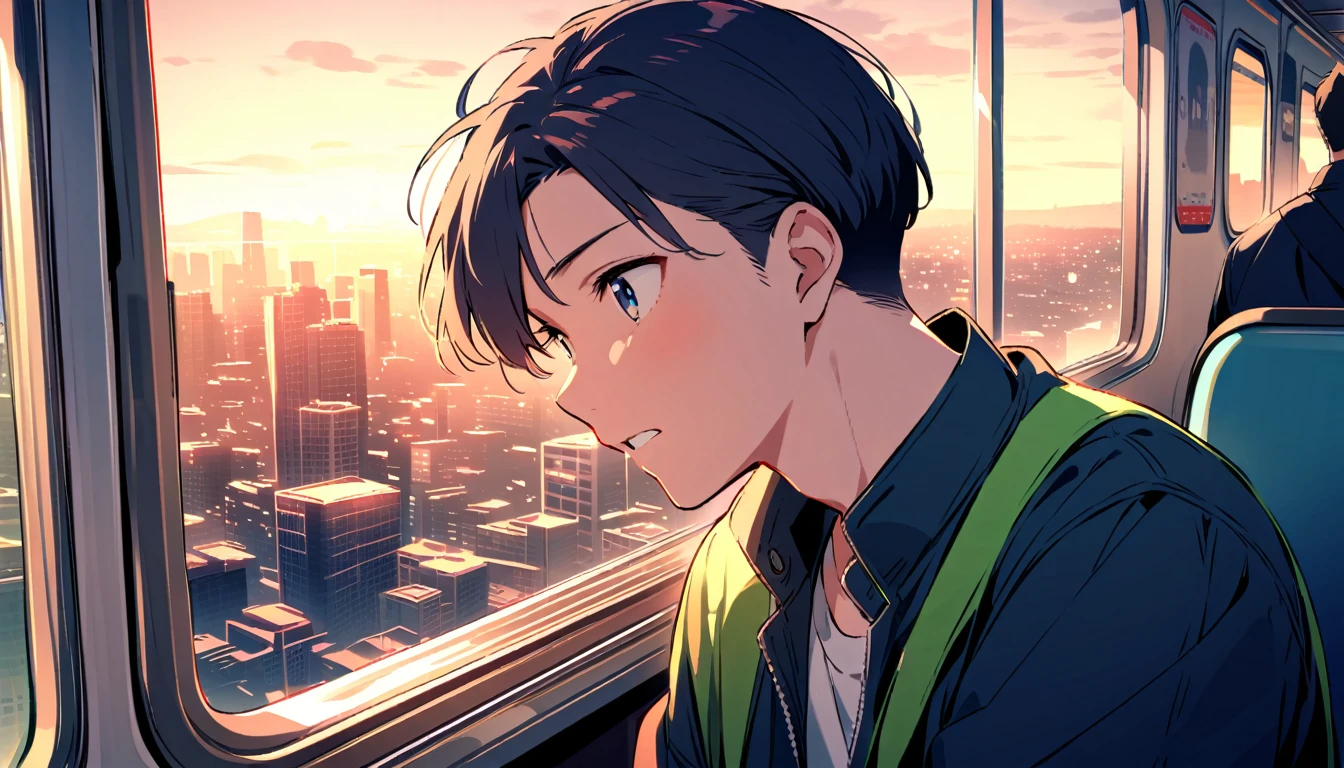 City Pop、evening、on the train、City、Adult male、wear glassean looking out the window、designer、Emotional
