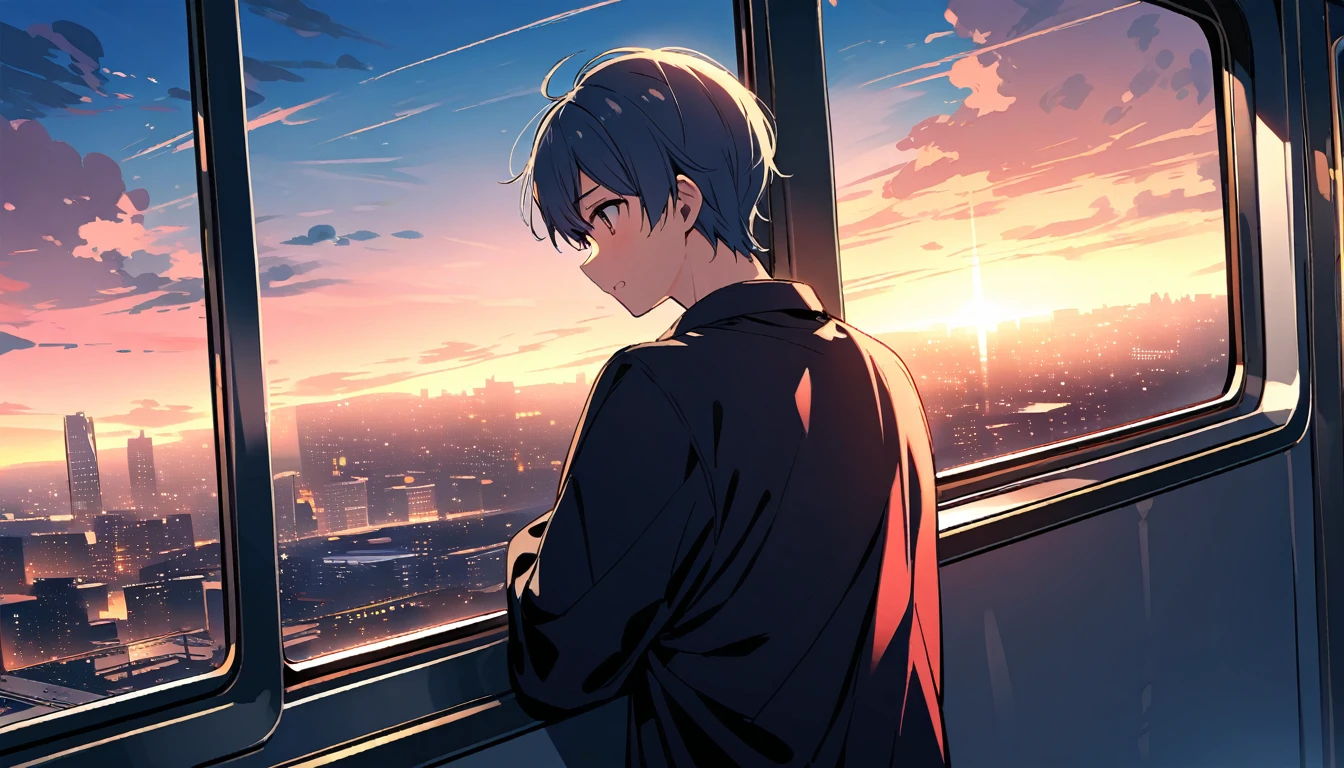 City Pop、evening、on the train、City、Adult male、wear glassean looking out the window、designer、Emotional