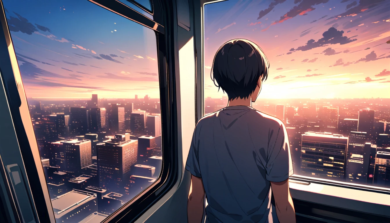 City Pop、evening、on the train、City、Adult male、wear glassean looking out the window、designer、Emotional