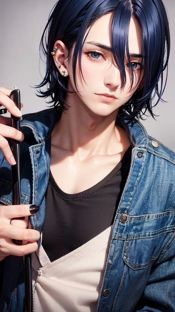 Male, dark blue hair, inner color, late 20s, standing portrait, piercing, character