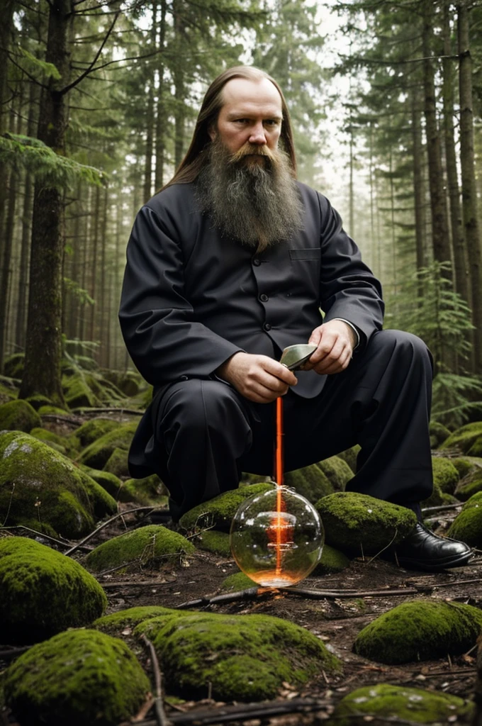 Mendeleev is in a forest and in one of his hands is a hydrogen atom