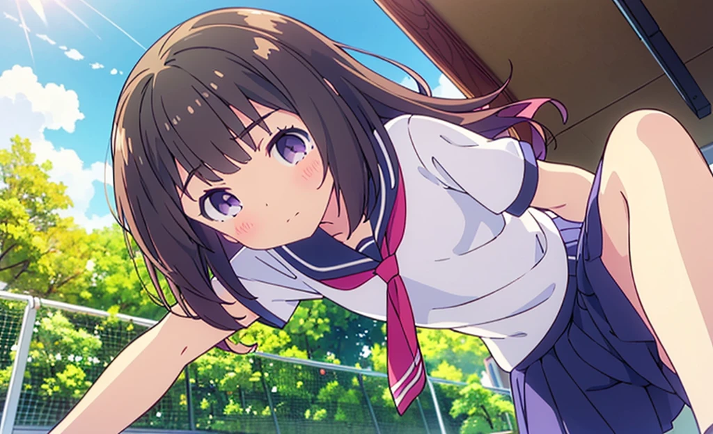 (high quality), (Masterpiece), (Very detailed), girl, (very small bust), short brown hair, purple eyes, shy face, (loli de primary), showing her thighs, in the school yard, sunny, camera angle from below, adorable eyes, (primary school uniform) NSFW