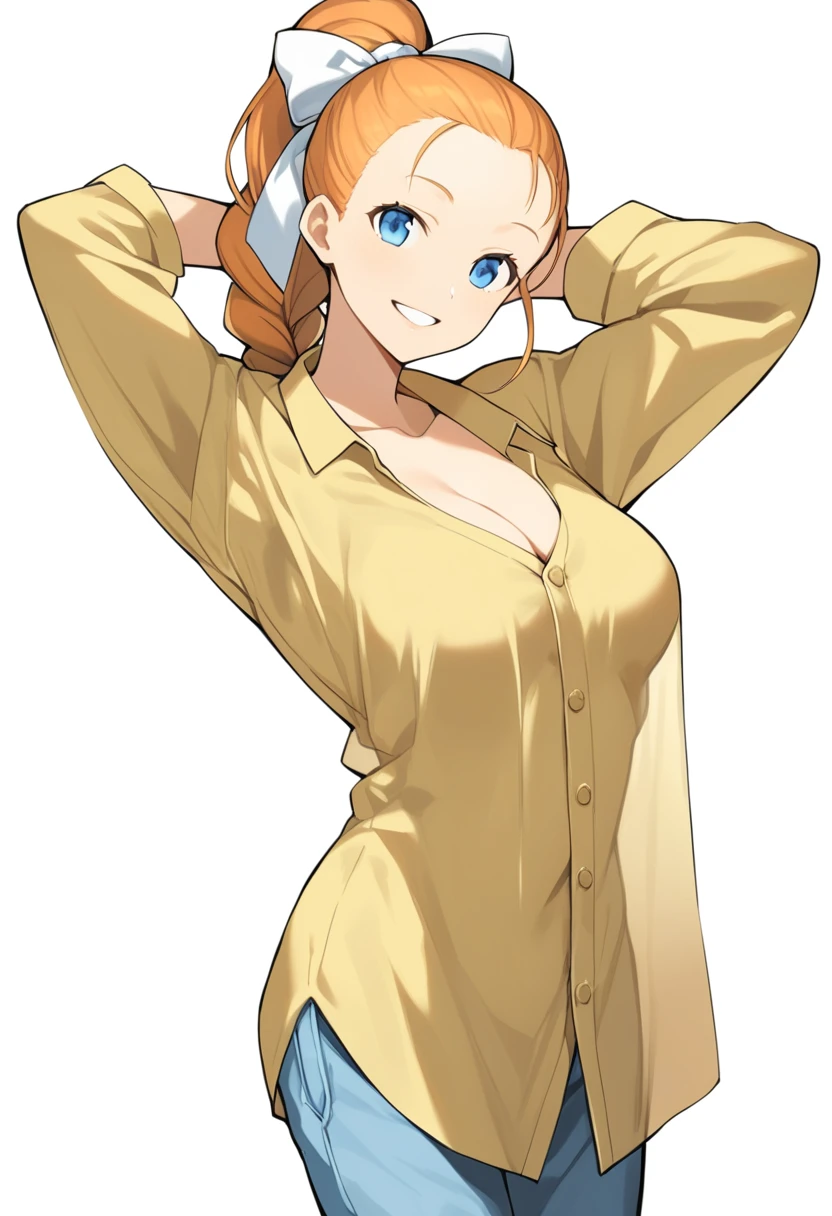pewarnaan character, visual illustration, @ANN, 1girl, solo, dress shirt, white background, naked shirt, smile, blue eyes, simple background, looking at viewer, breasts, arms up, long sleeves, yellow shirt, orange hair, cowboy shot, collarbone, collared shirt, cleavage, denim, hair pulled back, grin, blonde hair, long hair, medium breasts, forehead, standing, arms behind head, ponytail, braided ponytail, single braid, teeth, oversized clothes, medium hair, short hair, partially unbuttoned, pants, see-through silhouette, oversized shirt, see-through, buttons, head tilt, parted lips, large breasts, hair ribbon, white bow, tomboy, plaid shirt, ann \(harvest moon\), ran \(bokujou monogatari\)