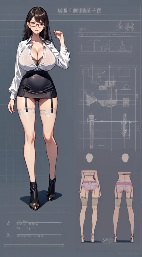girl, alone, whole body, From head to toe, Are standing, (Huge Saggy Tits:1.3),
Character design sheet, Character Reference Sheet, 設計図のSchematic, Drafting, Blueprint, Schematic,
((Character design sheet:1.7, Character Reference Sheet:1.7,)),
anime/cartoon character wearing a girls , 1girl, alone, ,Mature Woman,Cleavage,Long sleeve,Collared shirt,White shirt,,(Tight Skirt),((garter belt)),(High heels),Skirt Suit,mini skirt,office lady,Long Hair, bow, , (Very short skirt:1.4), (lingerie:1.5),secretary,Thin glasses, (In underwear:1.8),nsfw,Full nudity、