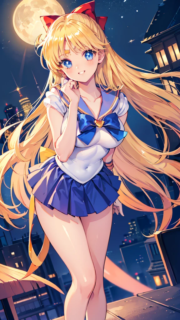 1girl, Angle from the front, ((She leans forward to accentuate her breasts and show off her bust.)), (Moonlit night)、(On the roof of a building)、thighs、(shiny White skin:1.6)、blue eyes, ((Slim figure)), ( girl), (A sadistic and malicious grin), (grin), (Shiny blonde hair)、Long hair, (forehead), (feet), Blue ribbon on chest, (Big red ribbon), ((Sailor Venus))、Sailor suit、(Orange pleated mini skirt)、panties, sexy pose,