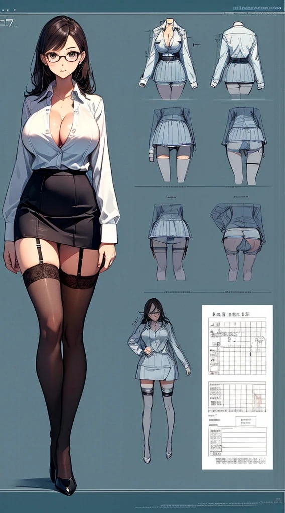 girl, alone, whole body, From head to toe, Are standing, (Huge Saggy Tits:1.3),

Character design sheet, Character Reference Sheet, 設計図のSchematic, Drafting, Blueprint, Schematic,
((Character design sheet:1.7, Character Reference Sheet:1.7,)),

anime/cartoon character wearing a girls , 1girl, alone, ,Mature Woman,Cleavage,Long sleeve,Collared shirt,White shirt,,(Tight Skirt),((garter belt)),(High heels),Skirt Suit,mini skirt,office lady,Long Hair, bow, ,  (Very short skirt:1.4), (lingerie:1.5),secretary,Thin glasses, (In underwear:1.8),nsfw,Full nudity、