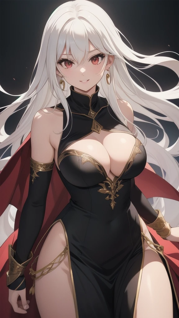 masterpiece, best quality, 1 solo girl, white hair, red eyes, long hair, medium breasts, sexy body and face, wavy hair, smile, parted lips, circlet, jewelry, bare shoulders, earrings, bridal gauntlets, sleeveless, black dress, bracelet, side slit, gold trim, red fur-trimmed cape, pelvic curtain, sleeveless dress, black footwear, turtleneck, long sleeves, castle, intdoors, sexy pose, cowboy shots, detailed body, face, and eyes, sharp focus, vibrant, creative, dynamic, high definition, high resolution, 8k, (Upscale: R-ESRGAN 4x+ Anime6mage enchance:4x), voluptuous body, cinema lightning, dakimakura style, looking at the viewer,