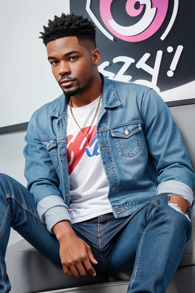 Create a 3D illustration of an animated character sitting casually on top of a social media logo “Instagram”. The character must wear casual modern clothing such as jeans jacket and sneakers shoes. The background of the image is a social media profile page with a user name “MR BUGU ” and a profile picture th