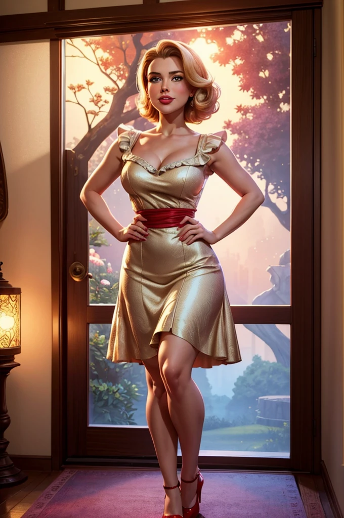 50s house wife. full length. featuring warm lighting and shadows. should be of the highest quality, a masterpiece with intricate details. Hands on hips. cute 50s house wife dress. Red high heels. She should have luscious lips, a wide smile, and bright, expressive eyes, exuding beauty, cuteness, and adorableness. Ensure the image is high resolution and sharply detailed, with a detailed and vibrant background. Scarlett Johanson, Alison Brie, Dove Cameron Incorporate mystical lighting in the background, creating a romantic and enchanting atmosphere.
