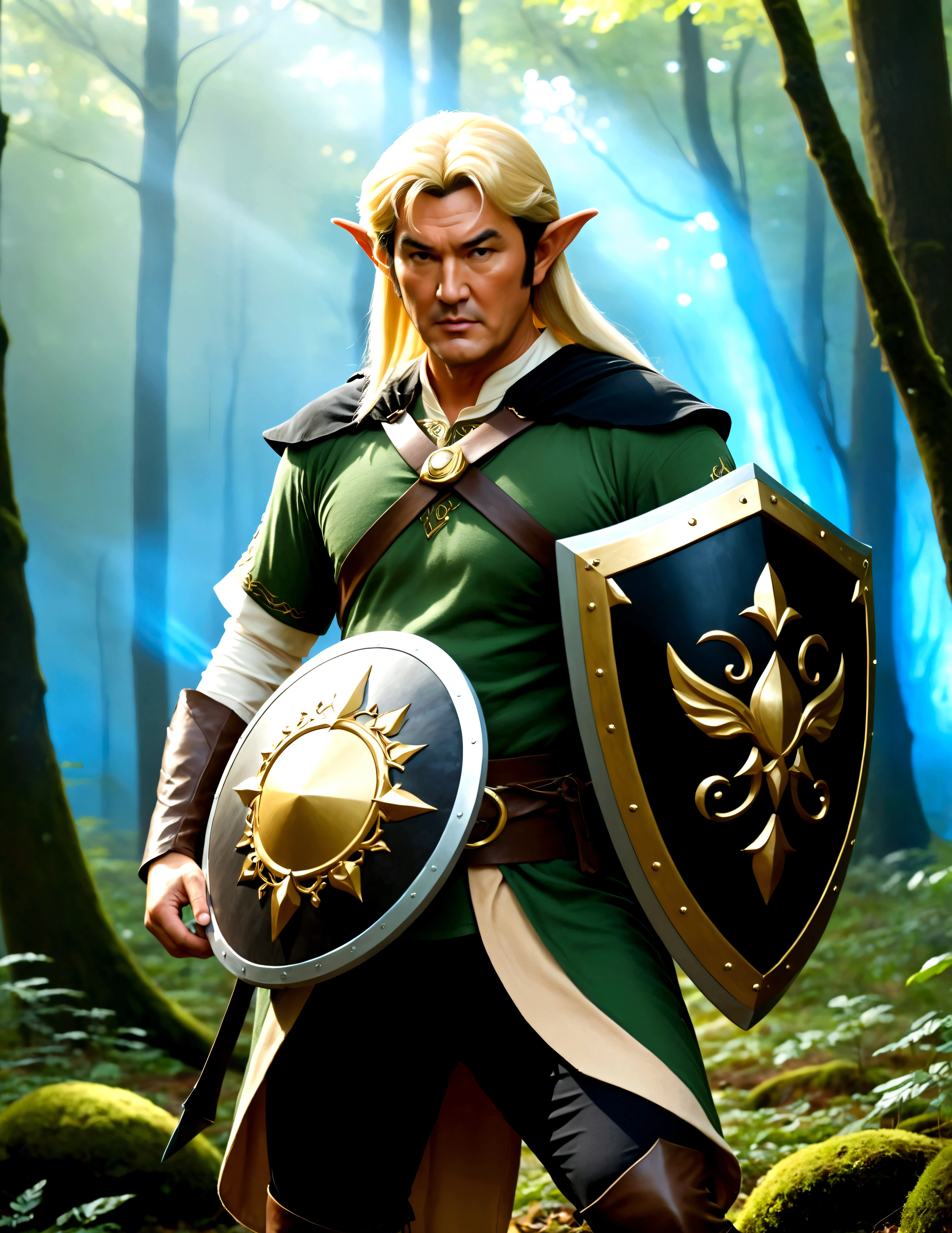 Steven Seagal (current, modern, big belly) in the role of Link (Link costume, elf ears, blonde wig over black hair, Link's shield on arm), akido pose, forest. Small magic fairy hovers nearby blue aura