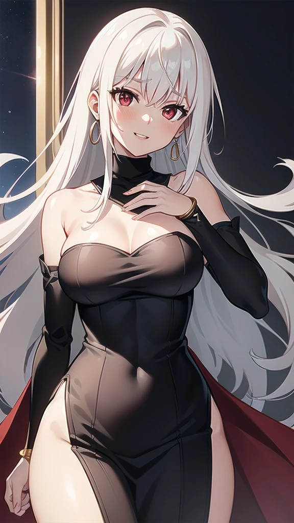 masterpiece, best quality, 1 solo girl, white hair, red eyes, long hair, medium breasts, sexy body and face, wavy hair, smile, parted lips, circlet, jewelry, bare shoulders, earrings, bridal gauntlets, sleeveless, black dress, bracelet, side slit, gold trim, red fur-trimmed cape, pelvic curtain, sleeveless dress, black footwear, turtleneck, long sleeves, castle, intdoors, sexy pose, cowboy shots, detailed body, face, and eyes, sharp focus, vibrant, creative, dynamic, high definition, high resolution, 8k, (Upscale: R-ESRGAN 4x+ Anime6mage enchance:4x), voluptuous body, cinema lightning, dakimakura style, looking at the viewer,