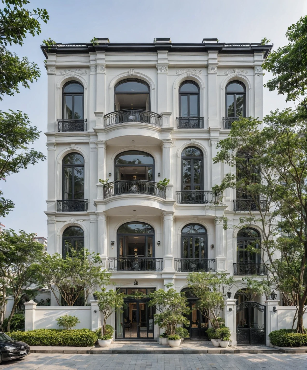 RAW photo,Exterior neo classic house, Inspired by French architecture, neo classic style, white, ((Highly detailed sculpted cornices at the tops of columns and walls)), French style roof, townhouse in residential area, The building is located in an urban area of Hanoi Vietnam, mix white and black steel facade, facing the road, (sidewalks), (sidewalk trees), (gate), (ultra realistic), (super high details:1.5), clean white sky, natural lighting, (curvilinear architecture:1.2), (sharpen:1.2), 8k uhd, dslr, soft lighting, high quality, film grain, Fujifilm XT3