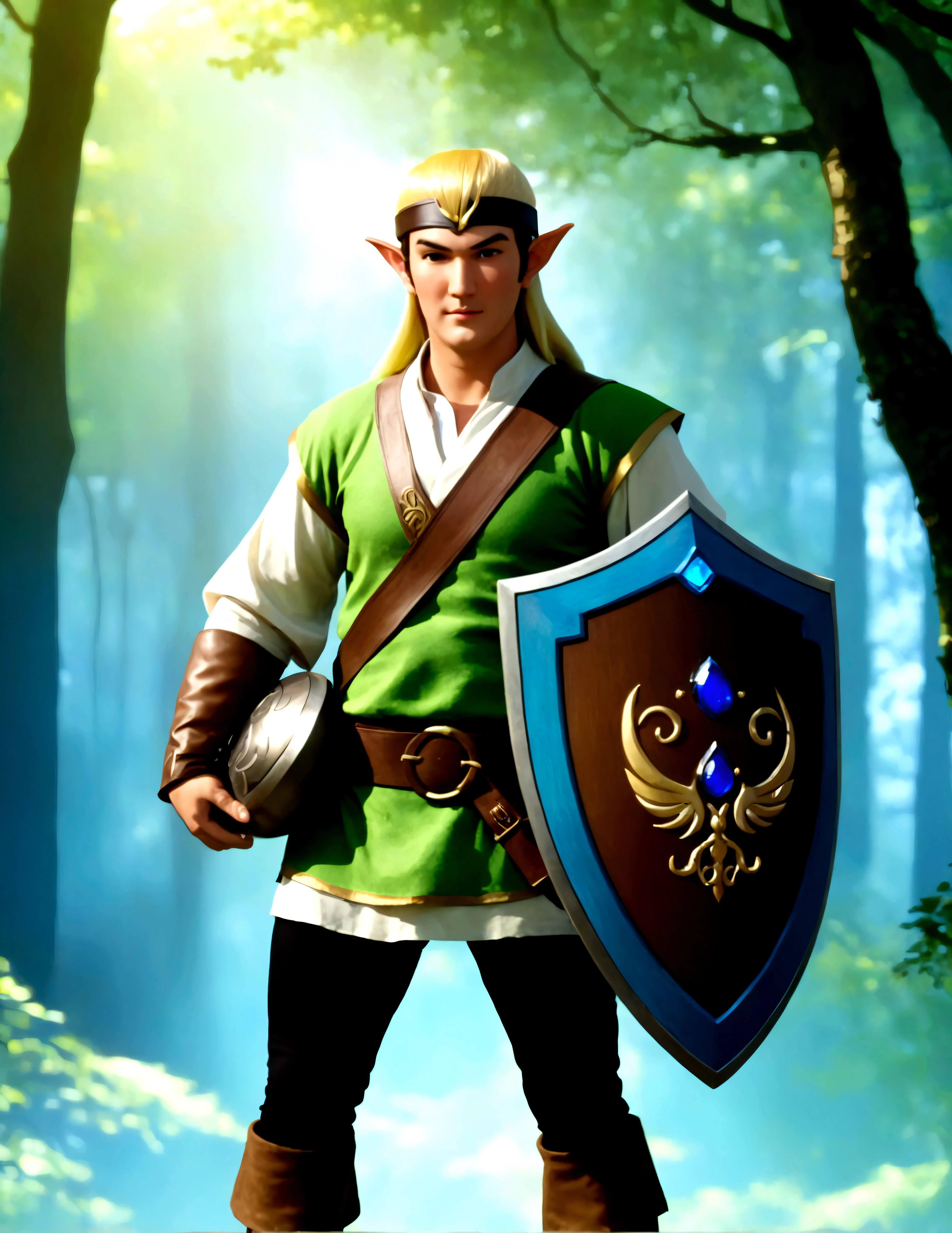 Steven Seagal (current, modern, big belly) in the role of Link (Link costume, elf ears, blonde wig over black hair, Link's shield on arm), akido pose, forest. Small magic fairy hovers nearby blue aura