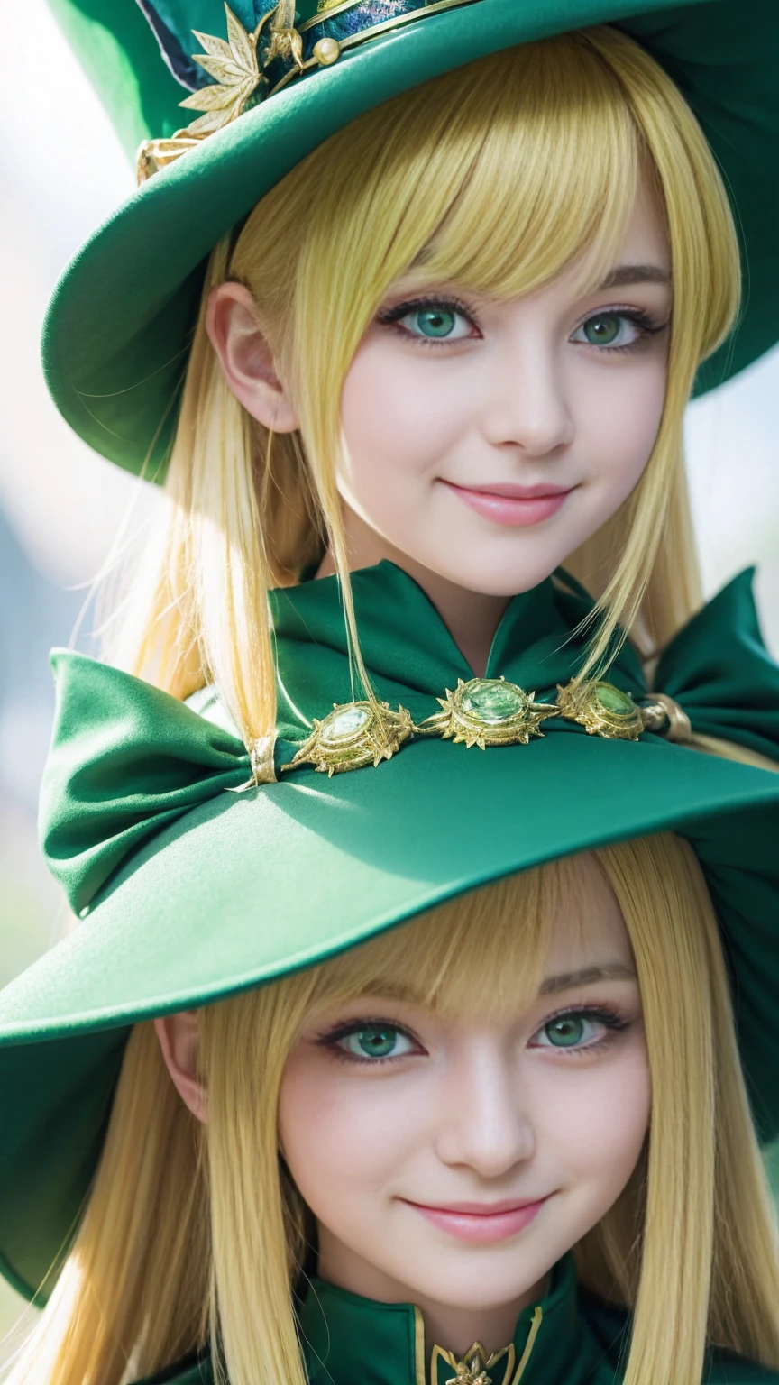 Anime girl in green witch hat and green witch outfit, Blonde, extremely detailed art gelm, Gwaiz, art gelm and atey ghailan, marisa kirisame, art gelm. High detail, Cunning Smile, Close-up portrait of a magician, art gelm detailed, stanley art gelm lau